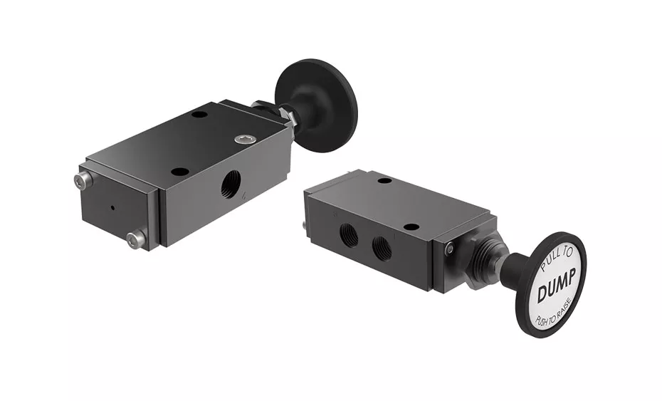 B2400-B43 | Push Pull Valve | 1/4” NPT, 3-2, Vented Cap-Push Pull With Cap + Dump Label