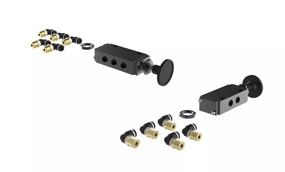 B2400-B73 | Push Pull Valve | 1/4” NPT, 5-2, Vented Cap-Push Pull With Detent With Fittings