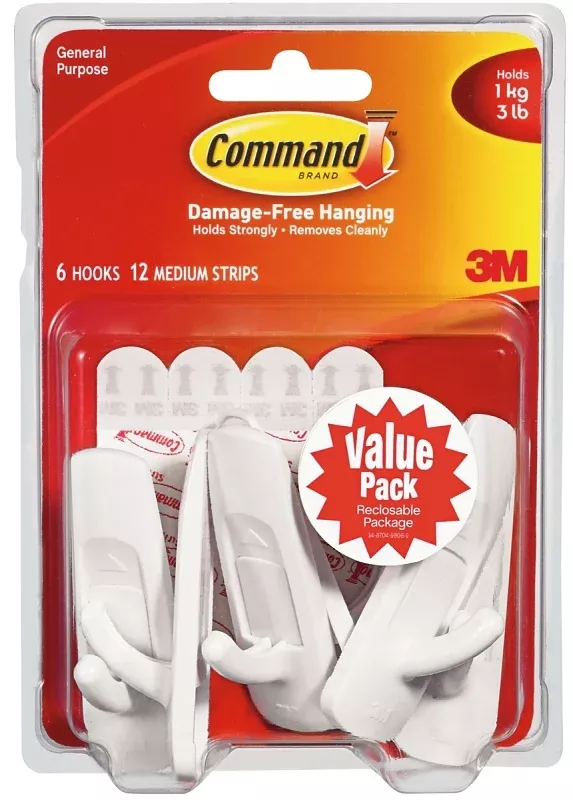 Command 17001-VP-6PK Utility Hook, 7/8 in Opening, 3 lb, 6 -Hook, Plastic, White