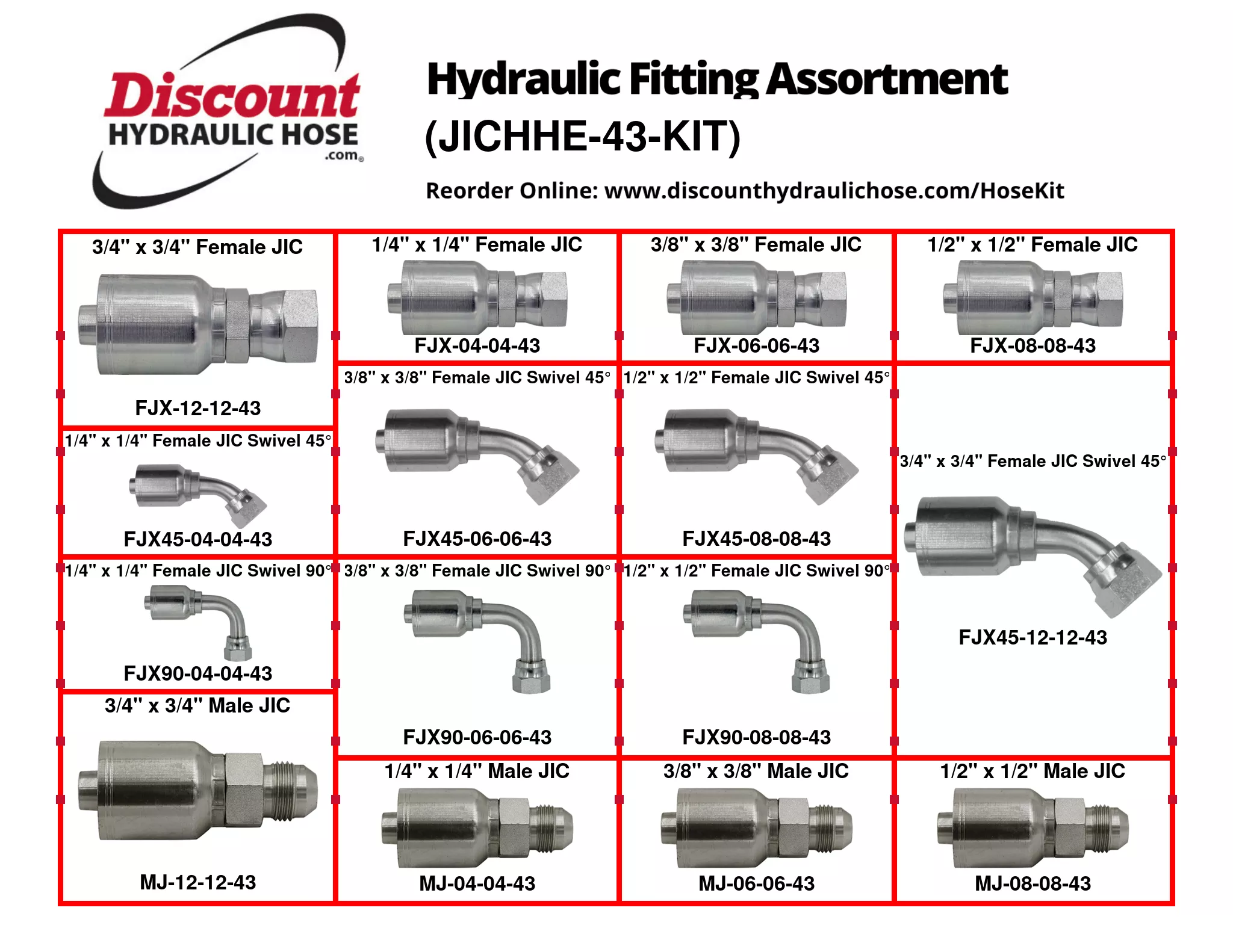 JICHHE-43-KIT | 43 Series JIC Hydraulic Hose End Assortment Kit