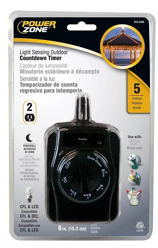 PowerZone TNOCD002 Countdown Timer with Photo Sensor, 15 A, 125 V, 1875 W, 2-Outlet, Black